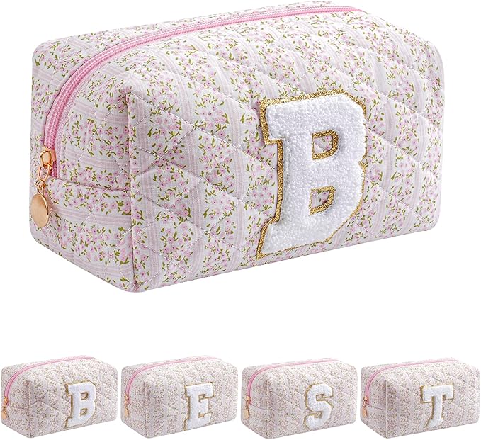 JOVAKIT Makeup Bag Cosmetic Bags for Women, Christmas Gifts for Girls Age 6-18, Alphabet Pink Floral Coquette Zipper Travel Makeup Pouch, Organizer Case Trendy Stuff (Pink Floral B)