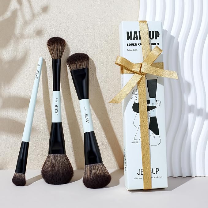 Jessup Face Makeup Brushes Blue 3pcs Double Ended Makeup Brush for Foundation Contour Blush Highlight and Concealer Brush, Premium Synthetic Brush Set T503