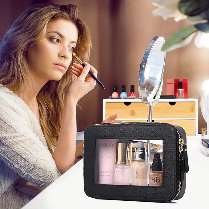 Pinkmik Clear Makeup Bag Waterproof Travel Case for Cosmetics and Toiletries Women's Purse Organizer and Clear Car Bag with Zipper (Black, L+M+MINI)