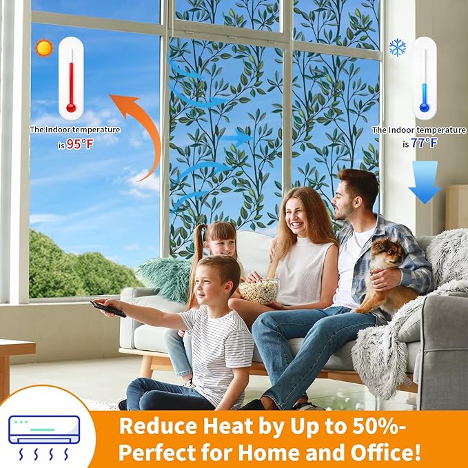 One Way Privacy Film, Window Tint for Home,Daytime Reflective, Anti UV Static Cling Sliding Door Coverings No Glue Garage Solar Paper (Silver-Leaves, 35.4 x 157.4 in)