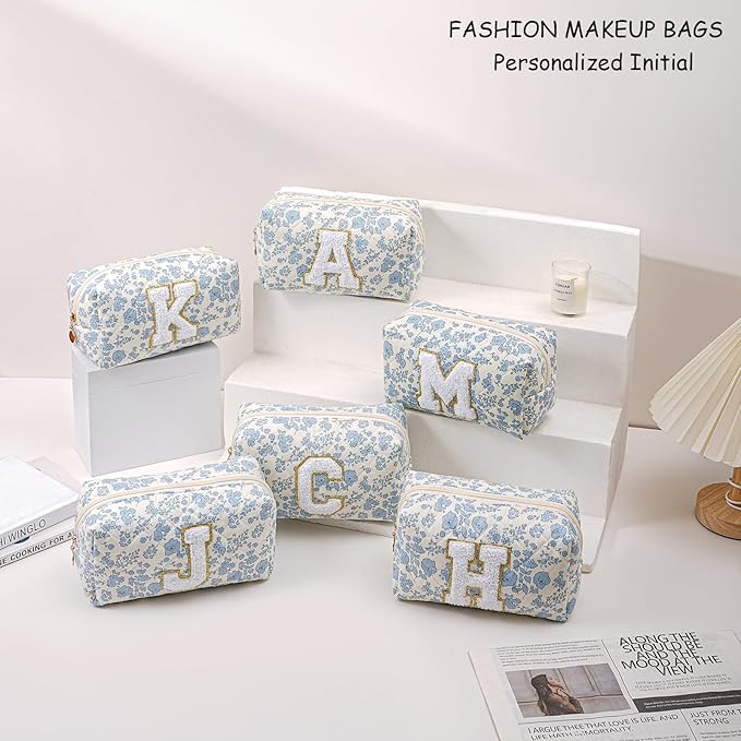 Gleyemor Personalized Initial Makeup Bag for Women, Cute Quilted Blue Floral Cotton Cosmetic Bag, Christmas Gifts for Her Mom Friend Sister Bridesmaid Teacher Women T