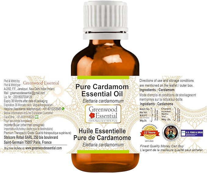 Greenwood Essential Pure Cardamom Essential Oil (Elettaria cardamomum) Steam Distilled 5ml (0.16 oz)