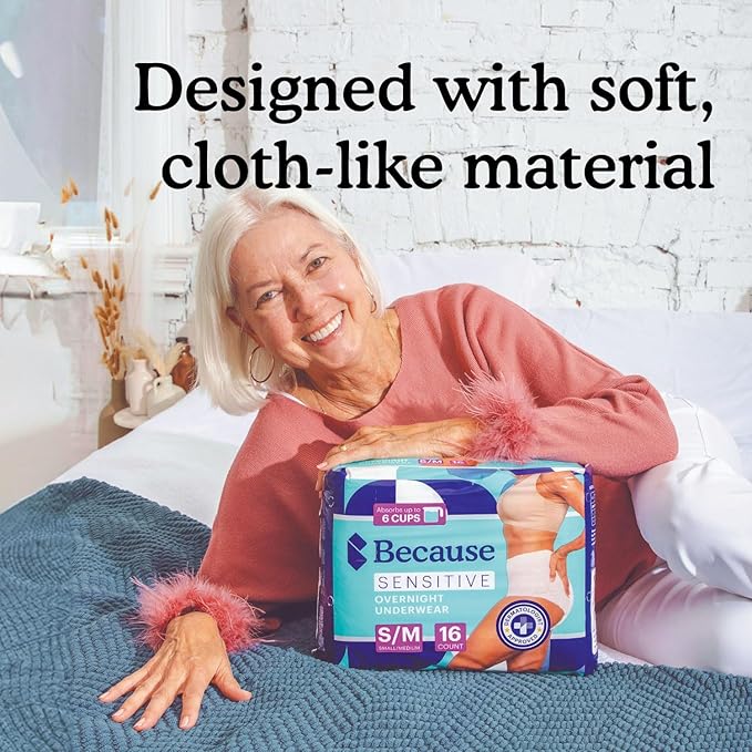 Because Adult Incontinence Underwear for Sensitive Skin - Women - Premium Overnight Disposable Briefs, Anti Odor - White, X-Large - Absorbs 6 Cups - 12 Count (Pack of 1)