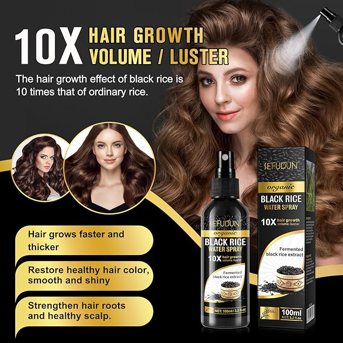 Organic Black Rice Water Spray for Hair Growth, A Solution with Castor Oil & Ginger Root Extract for Thicker, Fuller Hair, Targets Hair Loss and Repairs Damage 100ml/3.2 fl.oz (1 PC)