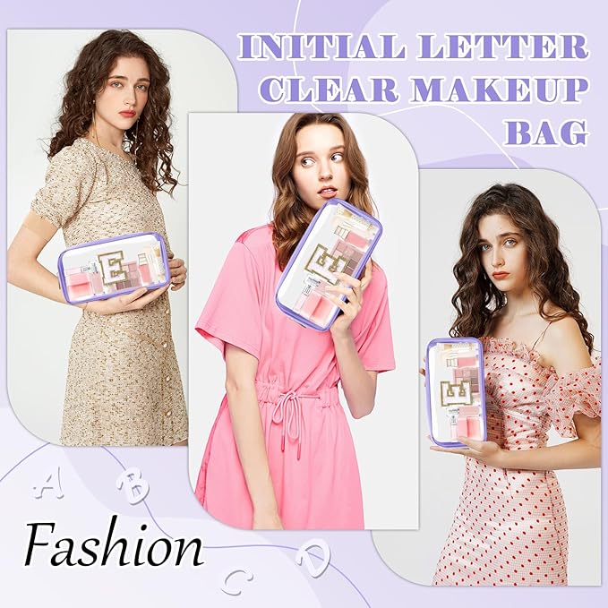 Personalized Initial Letter Clear Makeup Bag,Preppy Small Nylon&PVC Cosmetic Zipper Bag with Chenille Letter,Travel Skincare Toiletry Bag,Monogram Christmas Gift for Teen Girls Women,E