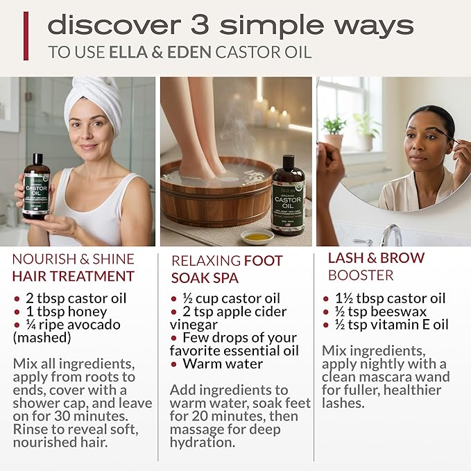 Ella & Eden Organic Castor Oil – Cold-Pressed Hexane-Free Unrefined - For Hair Growth, Skin and Face - USDA Certified & 100% Pure - 32 fl oz