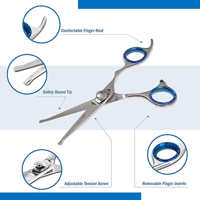Laazar Pro dog grooming scissors, Straight Pet grooming shears, with Safety Round Tip, Ball Point for easy and safe use. | Premium Sharp Long Lasting Professional Hair Trimming Scissors (5.5 Inches)