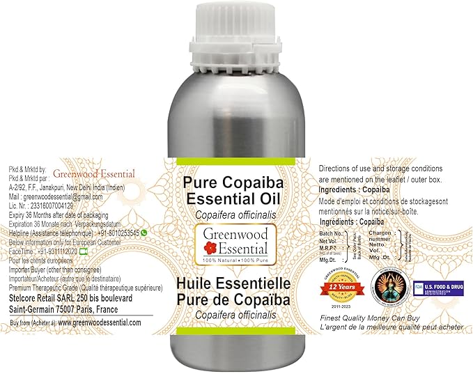 Greenwood Essential Pure Copaiba Essential Oil (Copaifera officinalis) Steam Distilled 1250ml (42.2 oz)