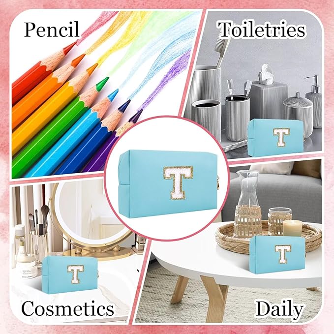 Small Personalized Letter Makeup Bag, Cute PU Leather Chenille Letters Cosmetic Bag Travel Makeup Pouch, Preppy Travel Organizer Zipper Pouch for Women&Girls（Blue-T）