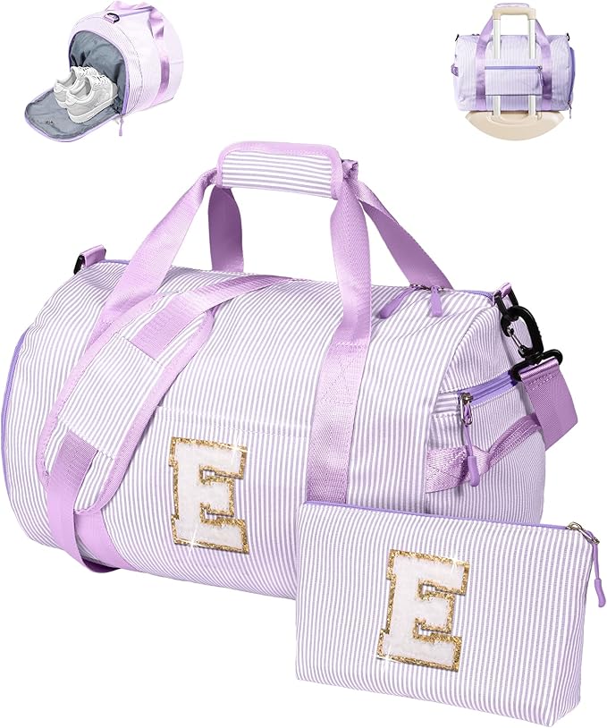 7 Year Old Girl Birthday Gifts, Girls Travel Duffle Bag, Kids Initial Overnight Duffel Bags with Shoe Compartment, Personalized Dance Bag with Cosmetic Pouch, Preppy Stuff for Kid (Letter E)