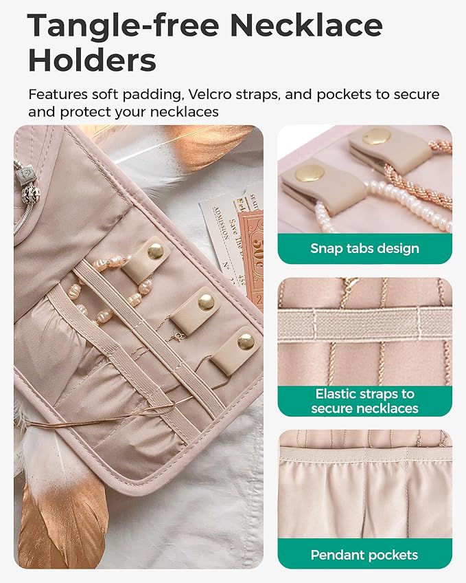 BAGSMART Travel Jewelry Organizer Case C Initial Foldable Jewelry Roll for Journey Rings, Necklaces, Earrings, Bracelets,Mini,Letter K,Soft Pink
