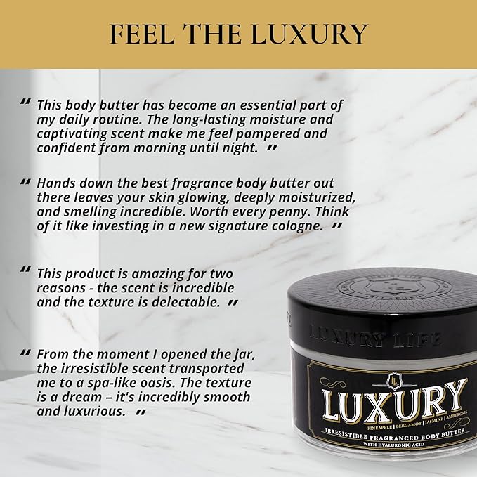 LUXURY LIFE Bed Butter - Scented, Luxurious Body Butter With All-Natural Hyaluronic Acid For Soft, Glowing, Hydrated Skin For Men & Women - Suitable For All Skin Types - Luxury Scent, 5 oz