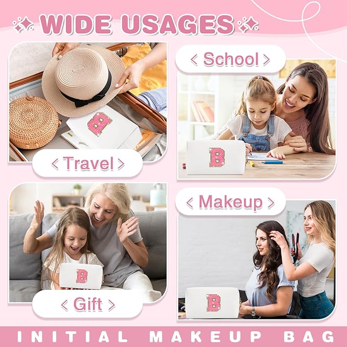 Small Personalized Initial A-Z Patch Makeup Bag,White Cute PU Leather Glitter Letter Cosmetic Bag for Teen Girls,Travel Toiletry Bag with Zipper,Preppy Monogrammed Birthday Gift for Daughter Niece B