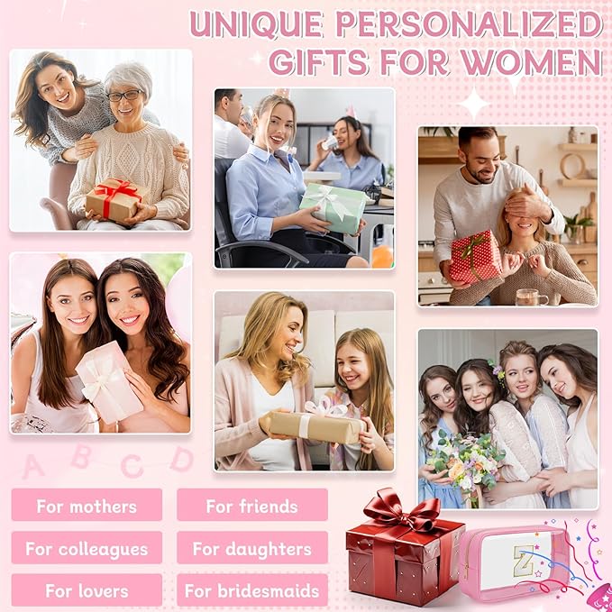 Personalized Initial Clear Makeup Bag, Travel Chenille Patch Cosmetic Bag, Preppy Toiletry Bag Monogram Cosmetic Pouch with Zipper, Ideal Gift for Teen Girls Women (Clear-Pink, Z)