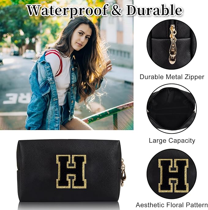 Personalized Initial Letter Patch Makeup Bag, Preppy Portable Chenille Letter Cosmetic Bag with Zipper, PU Leather Waterproof Travel Toiletry Bag Monogram Make Up Pouch for Women Girls