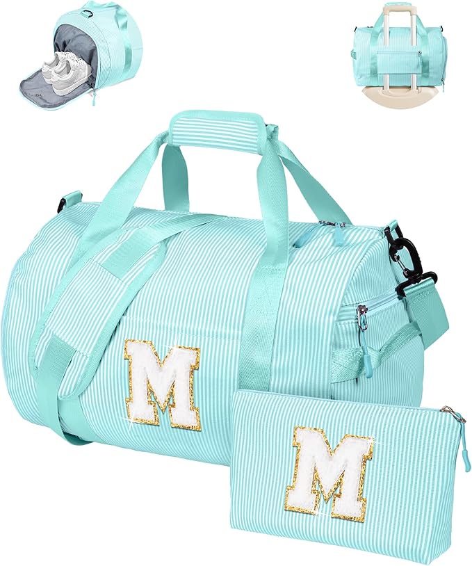 Gifts for 3 4 5 6 7 8 9 10 Year Old Girl, Girls Travel Duffle Bag, Kids Initial Overnight Bags with Shoe Compartment, Personalized Weekend Bag with Cosmetic Pouch, Birthday Gift (Letter M)