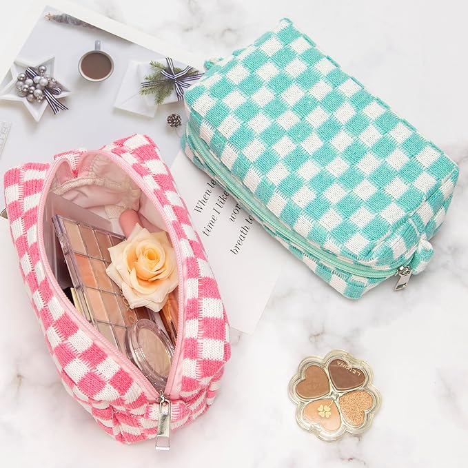 PAZIMIIK Checkered Makeup Bag for Purse Portable Zipper Make Up Pouch Small Cosmetic Case for Travel Accessories (2PCS Pink)