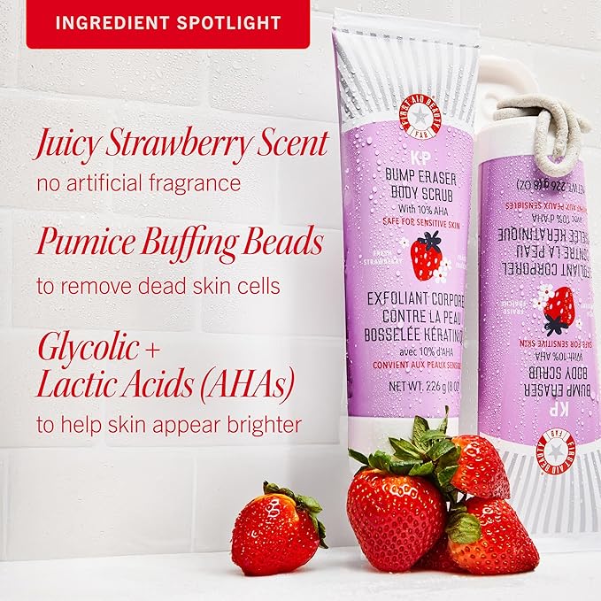 First Aid Beauty - KP Bump Eraser Body Scrub with 10% AHA, Keratosis Pilaris Exfoliator with Glycolic and Lactic acids, Helps Reduce Chicken Skin Bumps, Safe for Sensitive Skin, Strawberry Scent, 2 oz