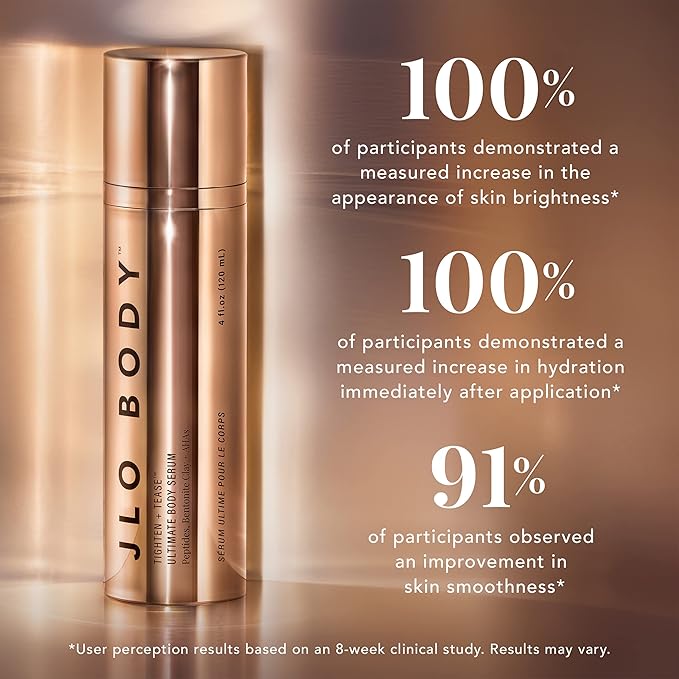 JLO BEAUTY Body Serum with AHAs & Peptides, Exfoliating Body Lotion for Radiant Smooth Skin, Hydrating Moisturizer to Support Elasticity, Even Tone & Visible Firming, Tighten + Tease, 4.06 Oz