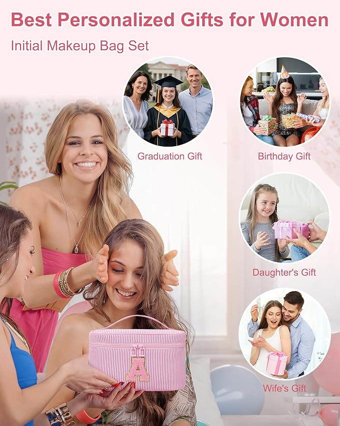 MONSTINA Personalized Initial Makeup Bag Set for Girls&Women,Personalized Make Up Case for Girlfriend Graduation Teacher Gifts,Cute Toiletry Bag Preppy Chenille Letter Patch,2PCS,Pink V