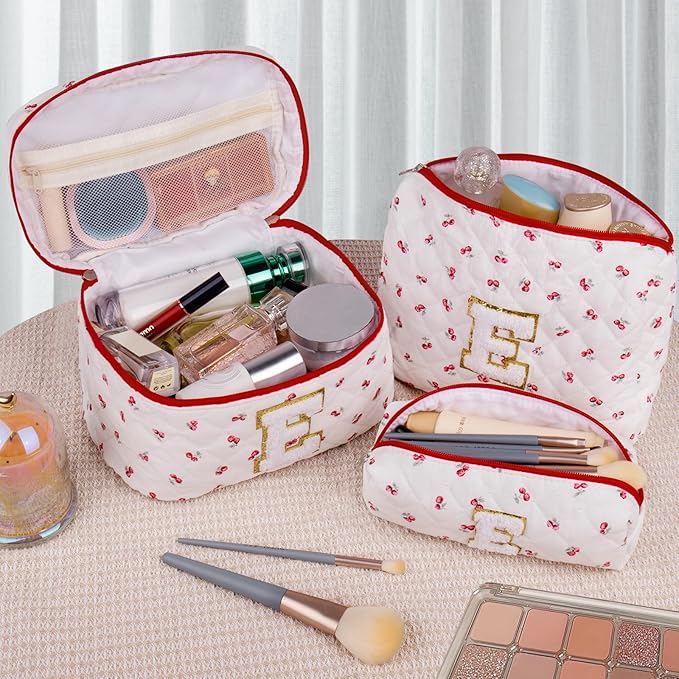 Initial Makeup Bag Set, Personalized Quilted Makeup Bag, Large Floral Cosmetic Bag for Women, Cute Cotton Custom Make up Bags, Flower Travel Toiletry Bag Teen Girl Gift Trendy Stuff Gift Red Cherry E