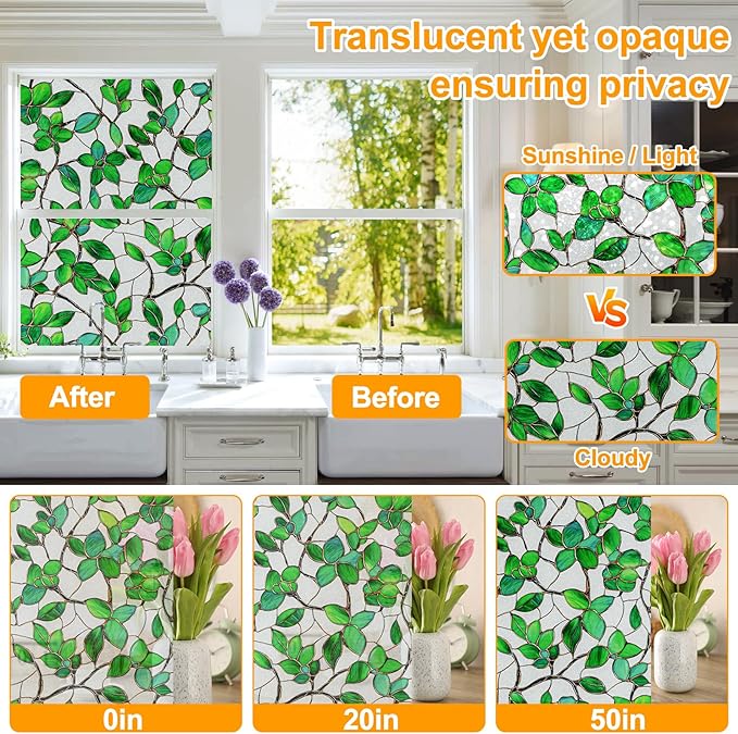 Window Privacy Film Stained Glass Window Film Frosted Window Film Window clings Non-Adhesive Reusable Decorative for Home Removable(Green Frosted, 35.4 X 78.7 in)