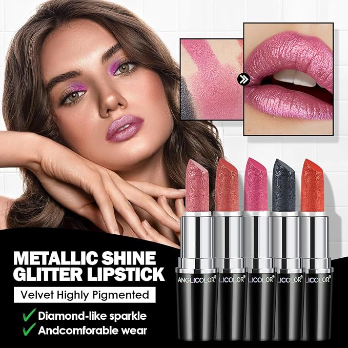 Anglicolor Glitter Halloween Black Lipstick,High Impact Lipcolor,Lightweight Hydrating Formula Smooth and Non-Sticky,Metallic Lipstick For Women,Full-Coverage Lip Color (08 MYSTICISM, 4g)