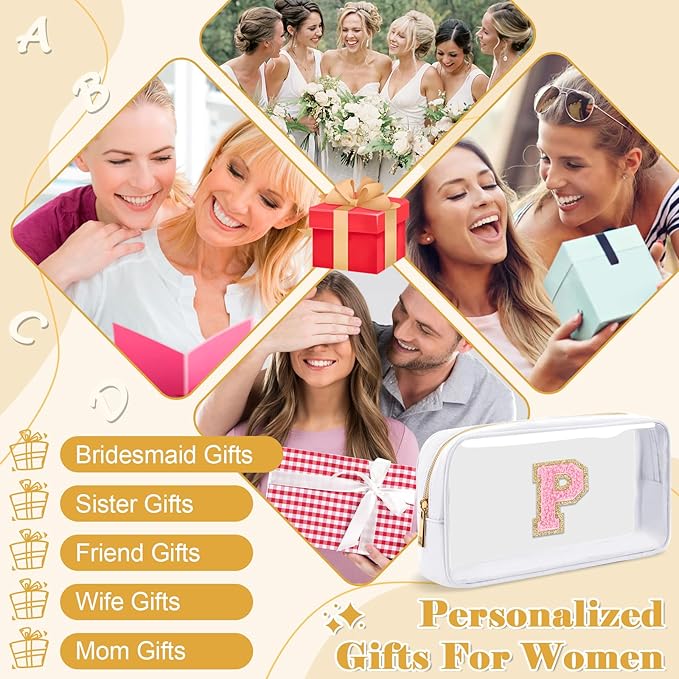 Personalized Initial Letter Clear Makeup Bag,Preppy Small Nylon&PVC Cosmetic Zipper Bag with Chenille Letter,Travel Skincare Toiletry Bag,Monogram Christmas Gift for Teen Girls Women,P