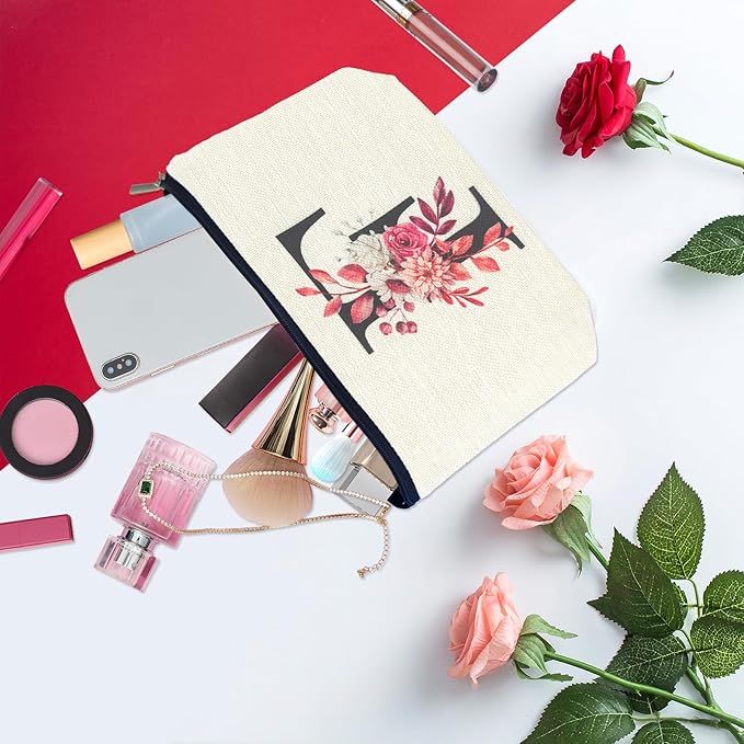 Initial A-Z Personalized Floral Makeup Bag, Monogrammed Birthday Gifts for Women Mom, Mothers Day Christmas Gift Ideas for Best Friend, Bride Bridesmaid, Her, Grandma, Small Travel Cosmetic Bag (F)