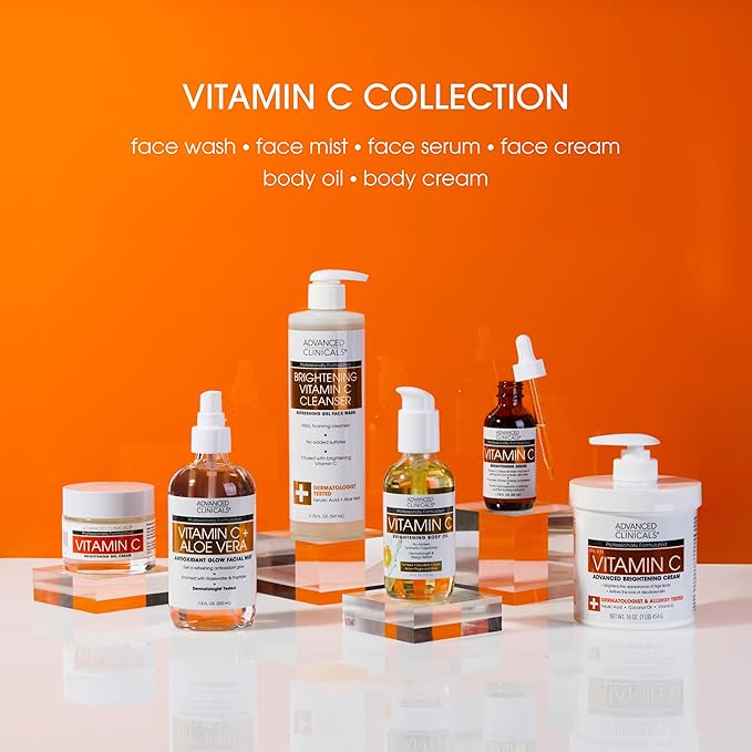 Advanced Clinicals Brightening Vitamin C Serum For Face With Glycolic Acid + Lactic Acid | Vitamin C Eye Serum Face Moisturizer For Improving Look Of Dark Spots & Uneven Complexion, 2-Pack