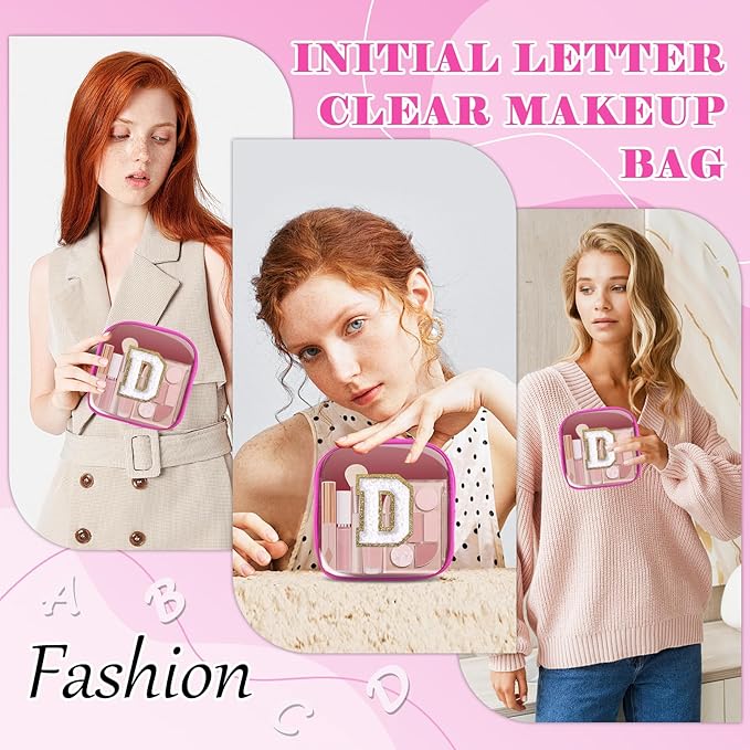 Personalized Initial Letter Clear Preppy Makeup Bag,Mini Nylon Chenille Letter Cosmetic Bag Cute Zipper Pouch Coin Purse for Teen Girls,Portable TSA Approved Travel Essentials Bag Gift for Women,D