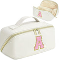for Christmas Day Gifts, Makeup Bag for Women, PU Leather Travel Toiletry Bags, Initial Make Up Cosmetic Pouch for Teen Girls, Wide Open Portable Skincare Bag, Personalized Birthday Gifts, White A