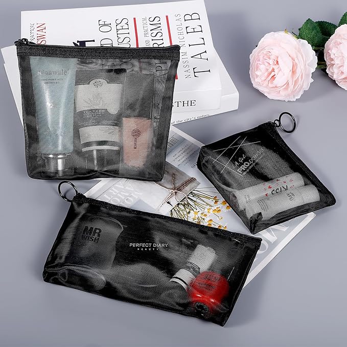 8 Pack Mini Zipper Mesh Makeup Bags, Nylon Cosmetic Bags Toiletry Purse Travel Organizer Bags Inside Bag for Office Travel Organization (Widened-Black, S)