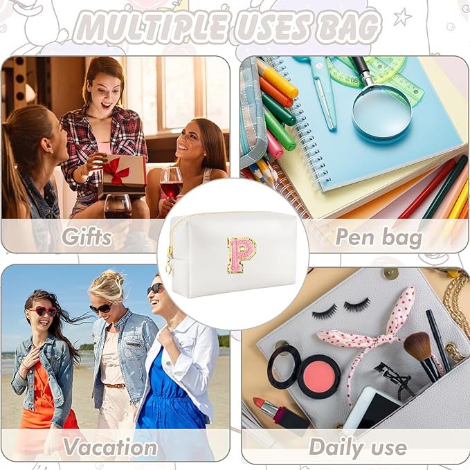 Initial Makeup Bag Personalized Preppy Travel Small Cosmetic Bag Cute PU White Chenille Letter Makeup Pouch for Purse Waterproof Zippered Toiletry Organizer for Women Girl Kid Friends (P)