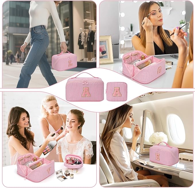 Travel Makeup Bag for Women, 2Pcs Portable Personalized Initial Makeup Organizer Bag, Open Flat Large Cosmetic Bag With Travel Essential Pouch (Pink Letter K)