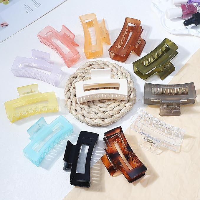 12 Pack Medium Square Claw Hair Clips, 3.5 x 2 x 1.1 inch, Shiny, 12 Colors, Hair Accessories for Women and Girls, Rectangular Rectangle Jaw Clips for Thick and Thin Hair Securing, 12 Pieces