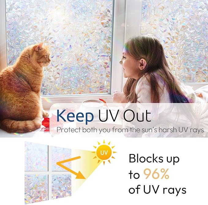 rabbitgoo Window Privacy Film Rainbow Film Decorative Window Sticker, 3D Static Stained Glass Cling Tint for Home Heat Control Non-Adhesive, 11.8 x 78.7 inches
