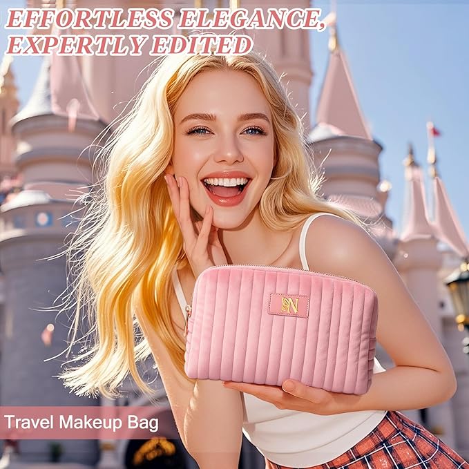 Monogrammed Make Up Bags for Women,Personalized Cosmetic Bags Women,Small Quilted Makeup Pouch,Cute Makeup Bag Travel,Birthday Gifts for Teen Girl (Pink N)