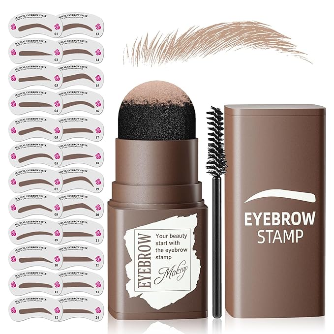Eyebrow Stamp Stencil Kit - Eyebrow Powder with Brush Long-Lasting & Waterproof Brow Shaping Kit with 24 Reusable Thin & Thick Eyebrow Stencils for Natural Eyebrow Color (Dark Brown)