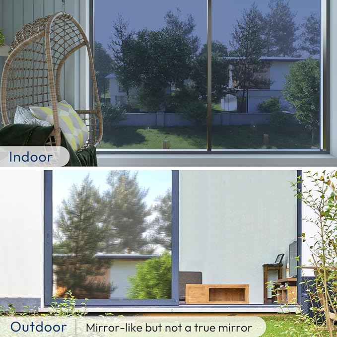 rabbitgoo Window Privacy Film One Way Window Tint for Home, Removable Reflective Heat Sun Blocking Anti UV Glass Door Covering, Mirror Tinting Film House Office, 35.4 in X 6.5 Feet, Blue Silver