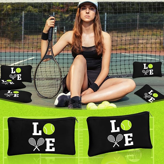 Moukeren 12 Pieces Tennis Makeup Bag Cosmetic Bag Travel Portable Storage Toiletry Case Accessories with Zippers Tennis Gifts for Lovers Players Teams Women Girls(Black)