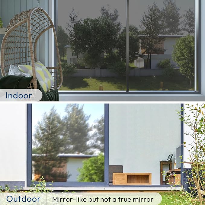 rabbitgoo Window Privacy Film One Way Window Tint for Home, Removable Reflective Heat Sun Blocking Anti UV Glass Door Covering, Mirror Tinting Film House Office, 35.4 in X 32.8 Feet, Black Silver