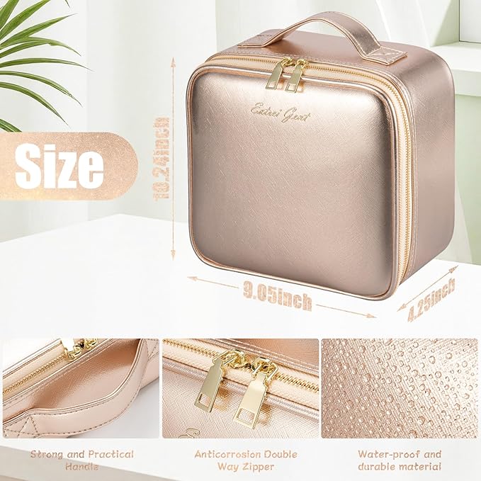 Makeup Travel Train Case with Mirror LED Light 3 Adjustable Brightness Large Cosmetic Bag Portable Storage Adjustable Partition Waterproof Make up Brushes Makeup Jewelry Gift for Women