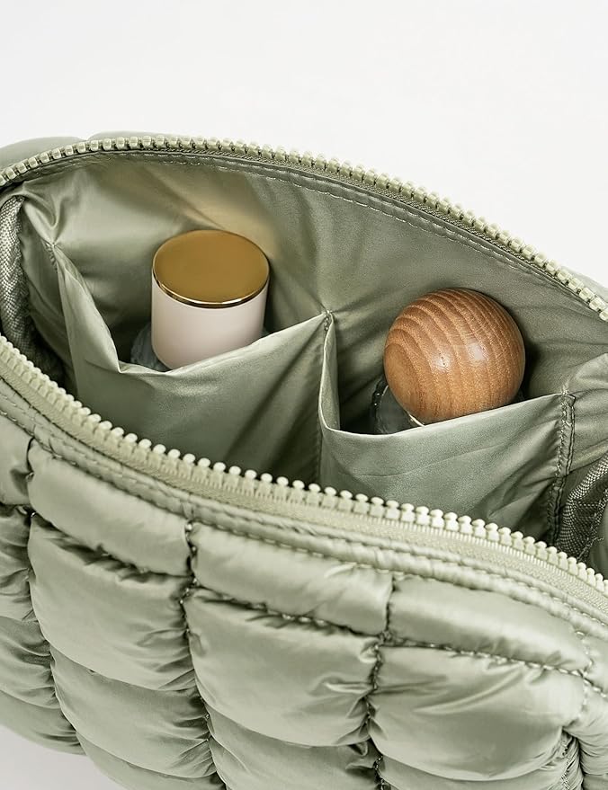Yarnic Quilted Makeup Bag Cosmetic Bag, Travel Toiletry Bag for Women, Cute Makeup Bag Organizer Puffer Makeup Pouch (M, Sage Green)