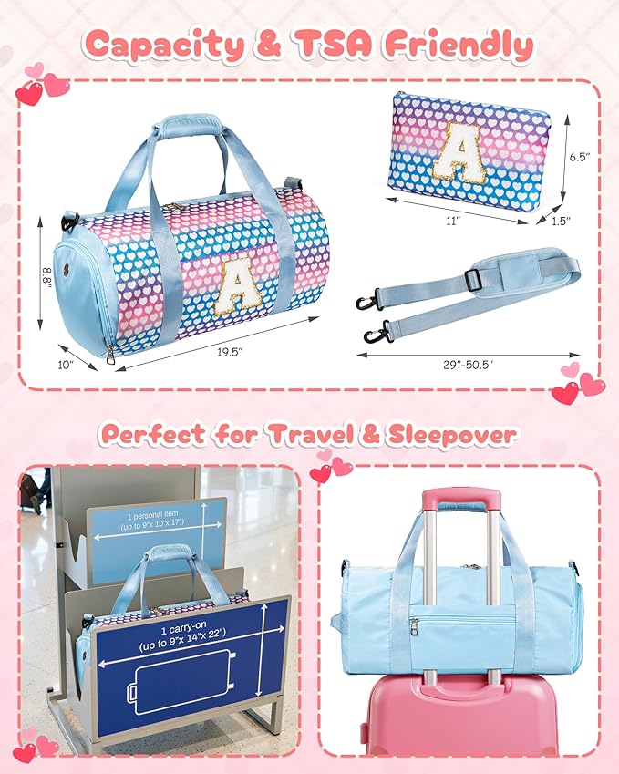 Gifts for 5 6 7 8 9 10 Year Old Girl, Girls Travel Duffel Bag, Kids Initial Overnight Bags with Shoe Compartment, Initial Duffle Bag with Makeup Pouch, Birthday Gift for Kid (Letter C)