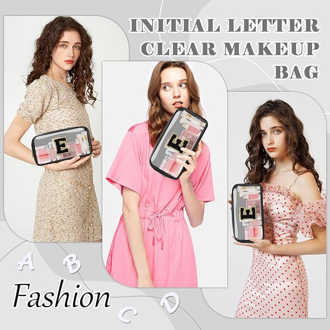 Personalized Initial Letter Clear Makeup Bag,Preppy Small Nylon&PVC Cosmetic Zipper Bag with Chenille Letter,Travel Skincare Toiletry Bag,Monogram Christmas Gift for Teen Girls Women,E