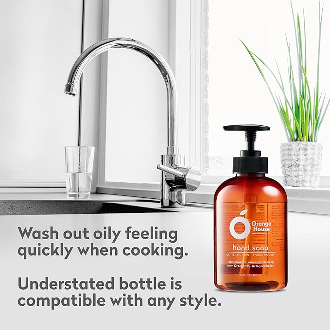 ORANGE HOUSE Natural Liquid Hand Soap, Food-Grade Orange Oil Moisturizing Hand Wash, Plant-Based & Hypoallergenic, Gentle for Sensitive Skin, Non-Toxic Citrus Scented Soap, 12 Fl Oz (6 Pack)