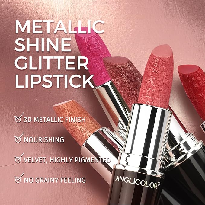 Anglicolor Glitter Pink Lipstick,High Impact Lipcolor,Lightweight Hydrating Formula Smooth and Non-Sticky,Metallic Lipstick For Women,Full-Coverage Lip Color (13 BABY ANGEL, 4g)