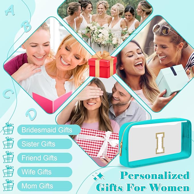 Personalized Initial Letter Clear Makeup Bag,Preppy Small Nylon&PVC Cosmetic Zipper Bag with Chenille Letter,Portable Beach Travel Skincare Toiletry Bag,Trendy Monogram Gift for Teen Girls Women,I