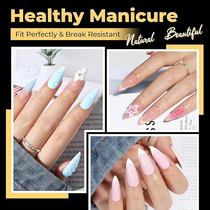 UNA GELLA Medium Stiletto Gel Nail Tips 600Pcs, Medium Stiletto Press on Nails Almond Shape Pre Etched Full Cover Soft Gel Nails Tips for Nail Extensions Christmas Art DIY Salon 12 Sizes at Home